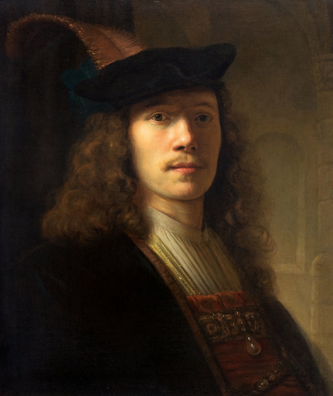 Portræt af en mand i en fjerret baret med skyggefulde øjne af Pieter Hermansz Verelst