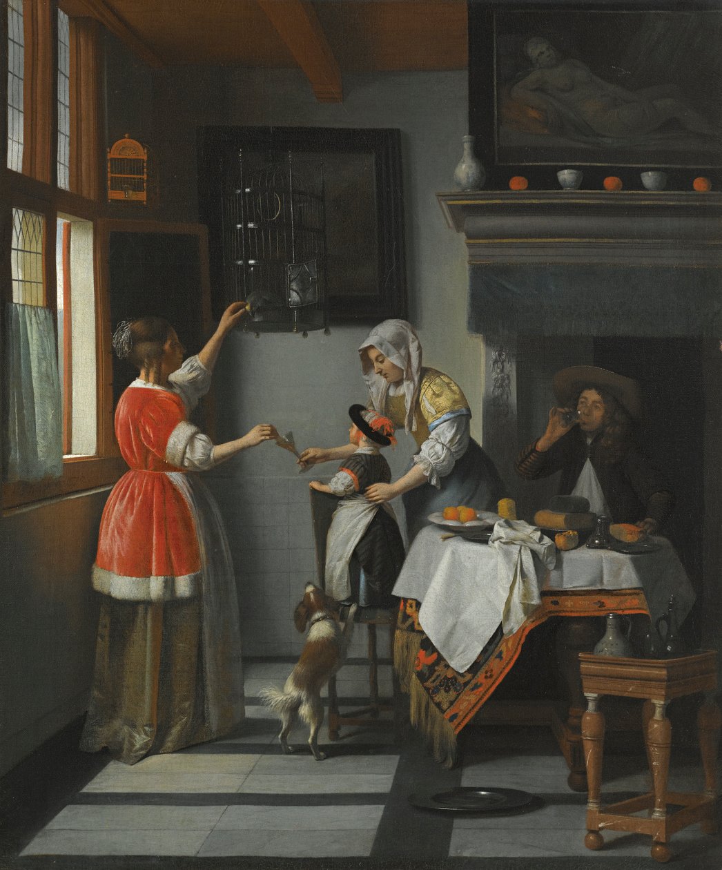 Interiør med et barn, der fodrer en papegøje af Pieter de Hooch