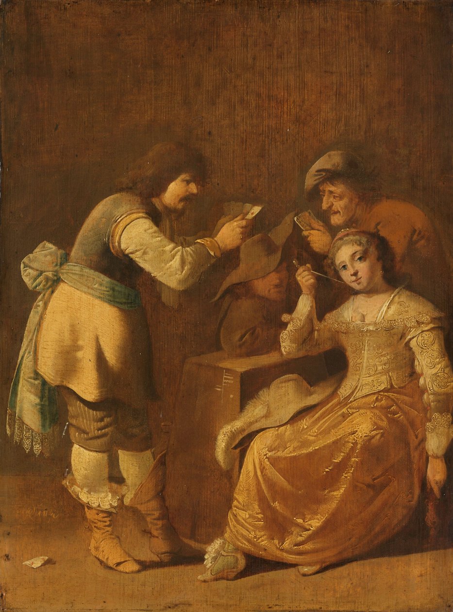 Kortspillere med kvinde, der ryger pibe, 1630-47 af Pieter Jansz. Quast