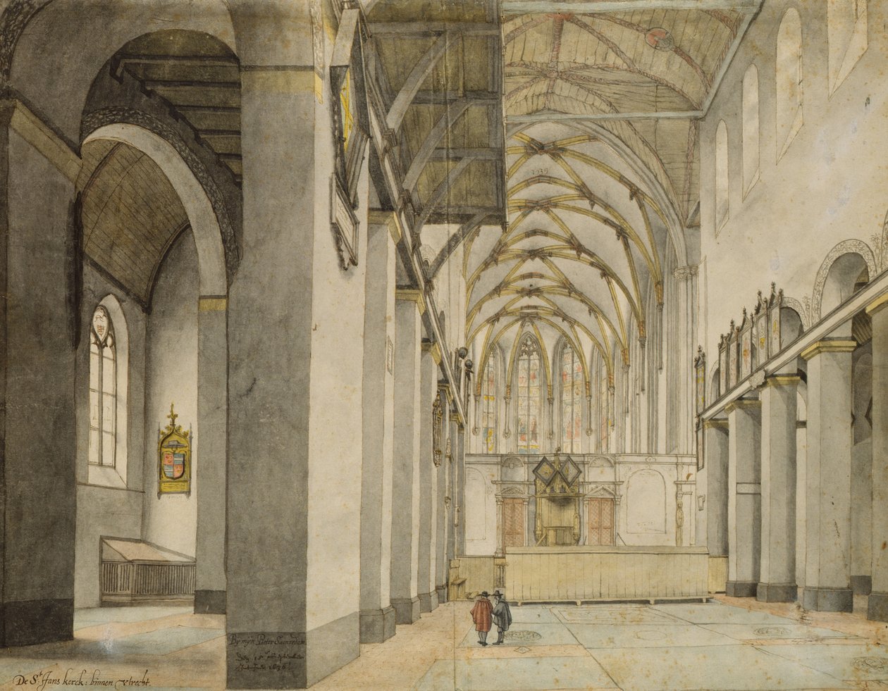 Indvendig udsigt, mod øst, af Johanneskirche, Utrecht, 15. september 1636 (pen over blyant og akvarel på papir) af Pieter Janszoon Saenredam