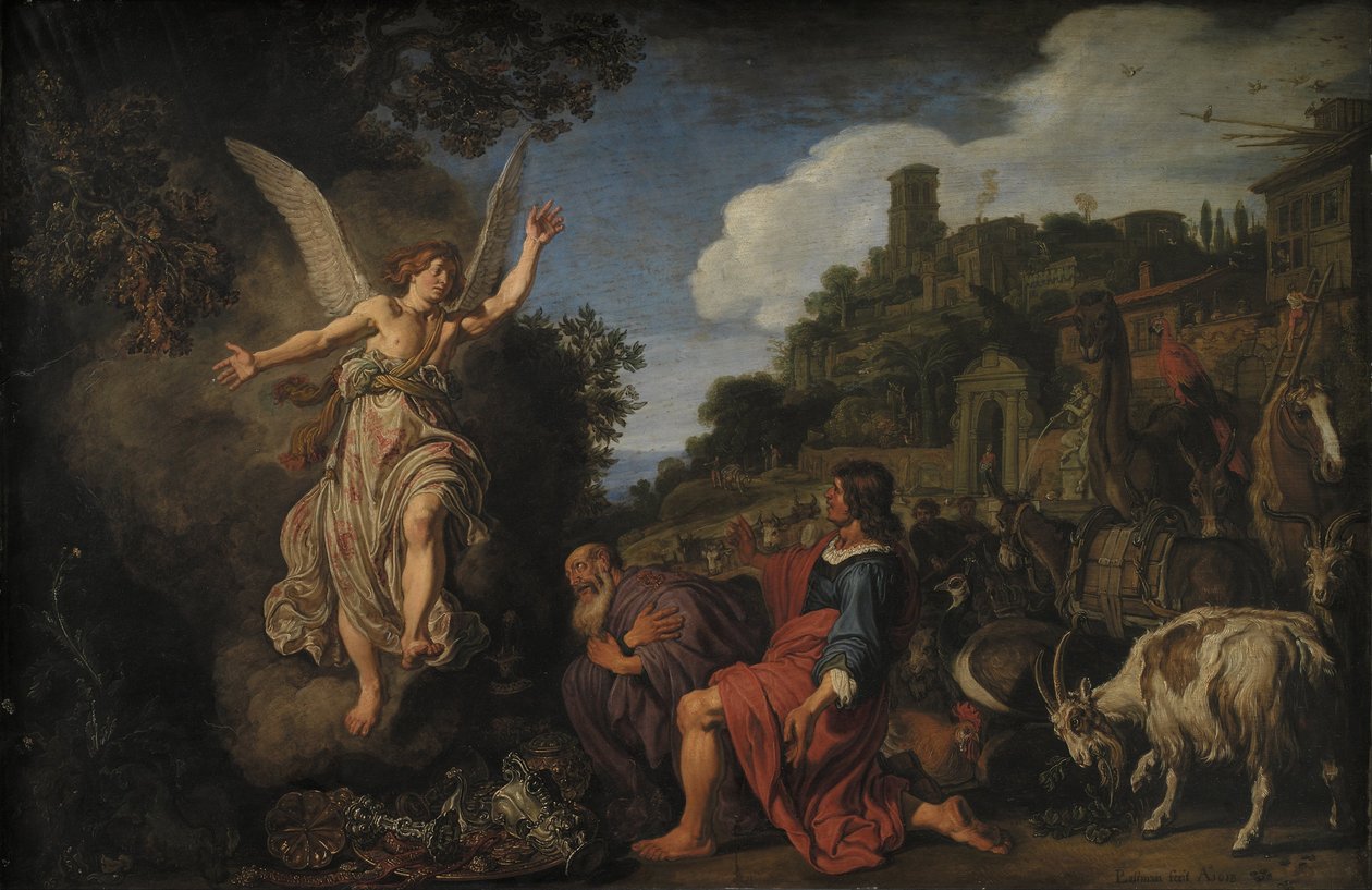 Englen Raphael tager afsked med gamle Tobit og hans søn Tobias af Pieter Lastman