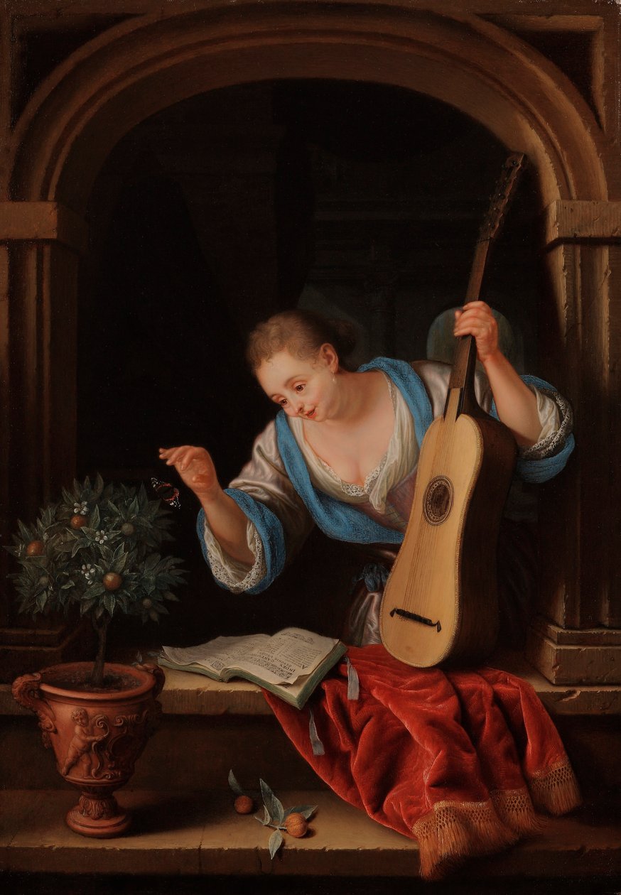 En ung kvinde med en guitar i en vinduesniche af Pieter Leermans
