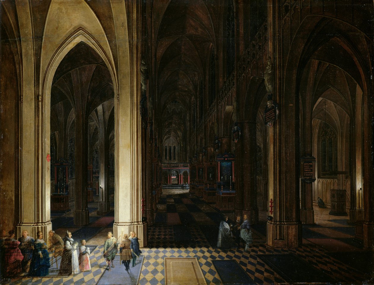 Det indre af Antwerpens katedral ved stearinlys og fakkellys, af Pieter Neefs