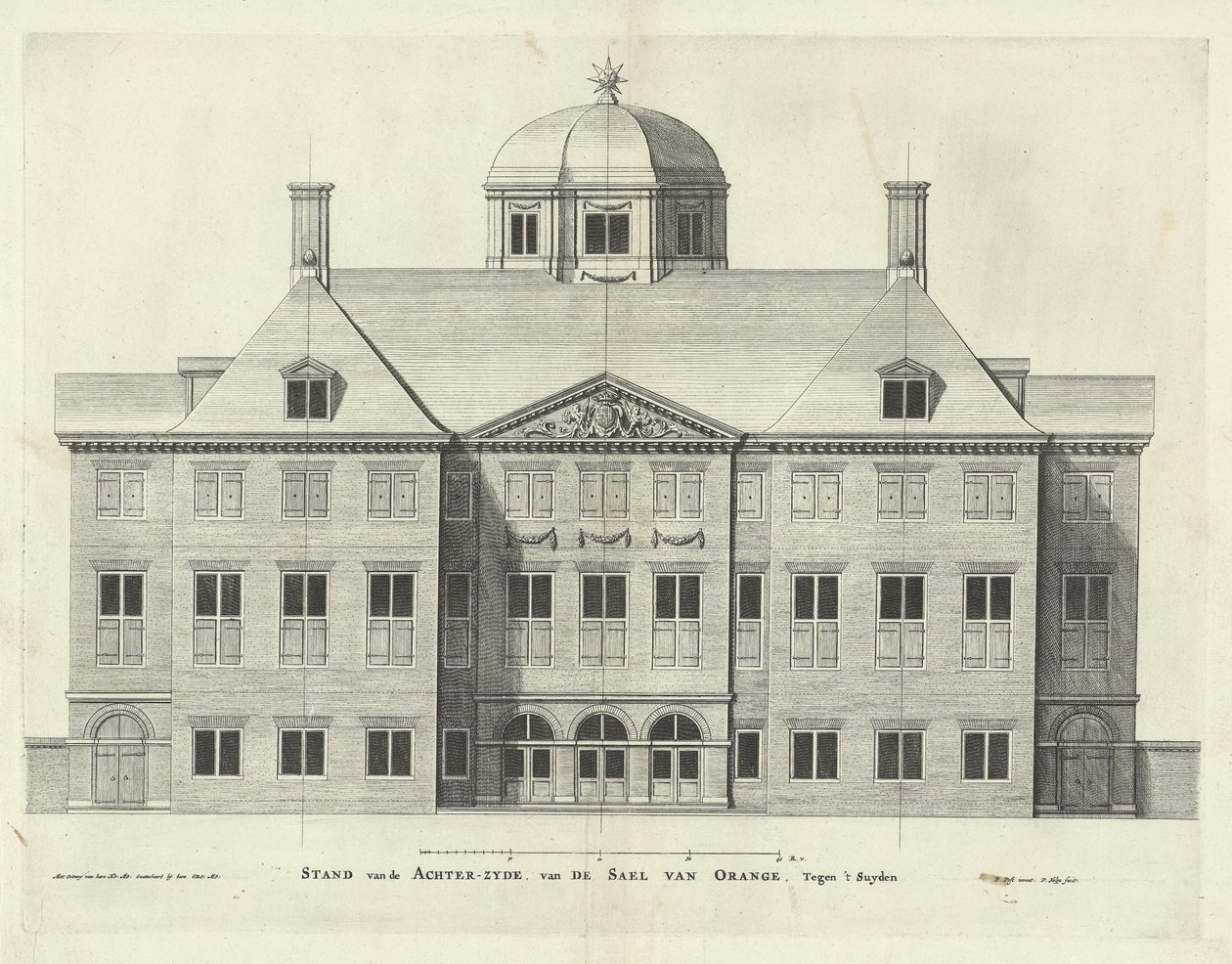 Bagside Palace Huis ten Bosch, Holland, Pieter Nolpe efter Pieter Jansz. Post, ætsning 294 mm × 387 mm, 1655 af Pieter Nolpe
