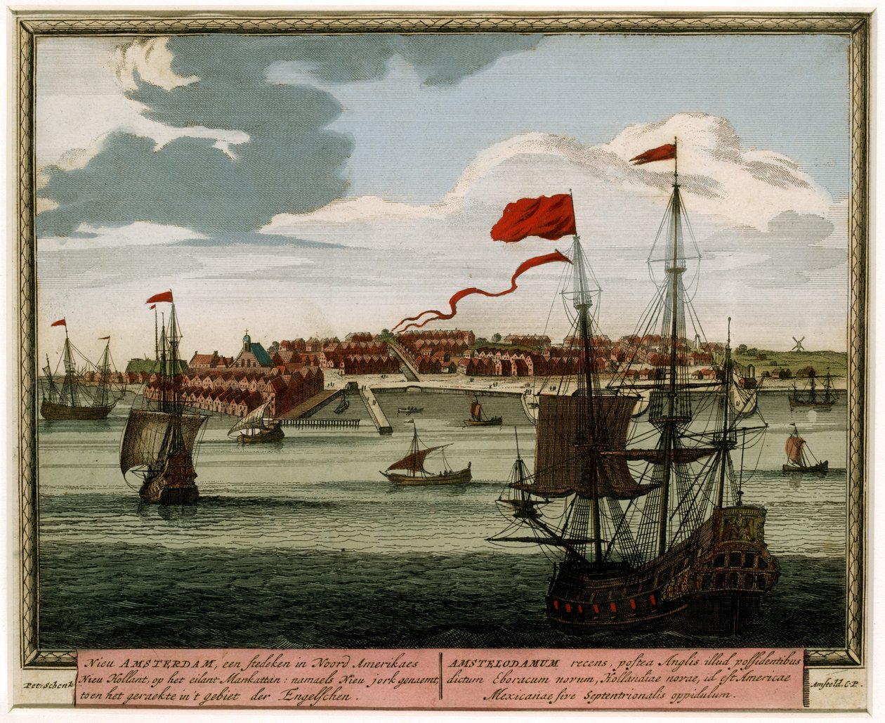 New Amsterdam set fra vandet, 1702 (håndkoloreret stik) af Pieter Schenk