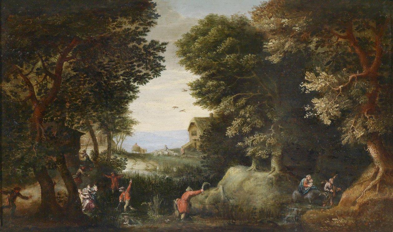 Skovklædt landskab med Latona, som de lykiske landmænd forvandlede til frøer af Pieter Schoubroeck