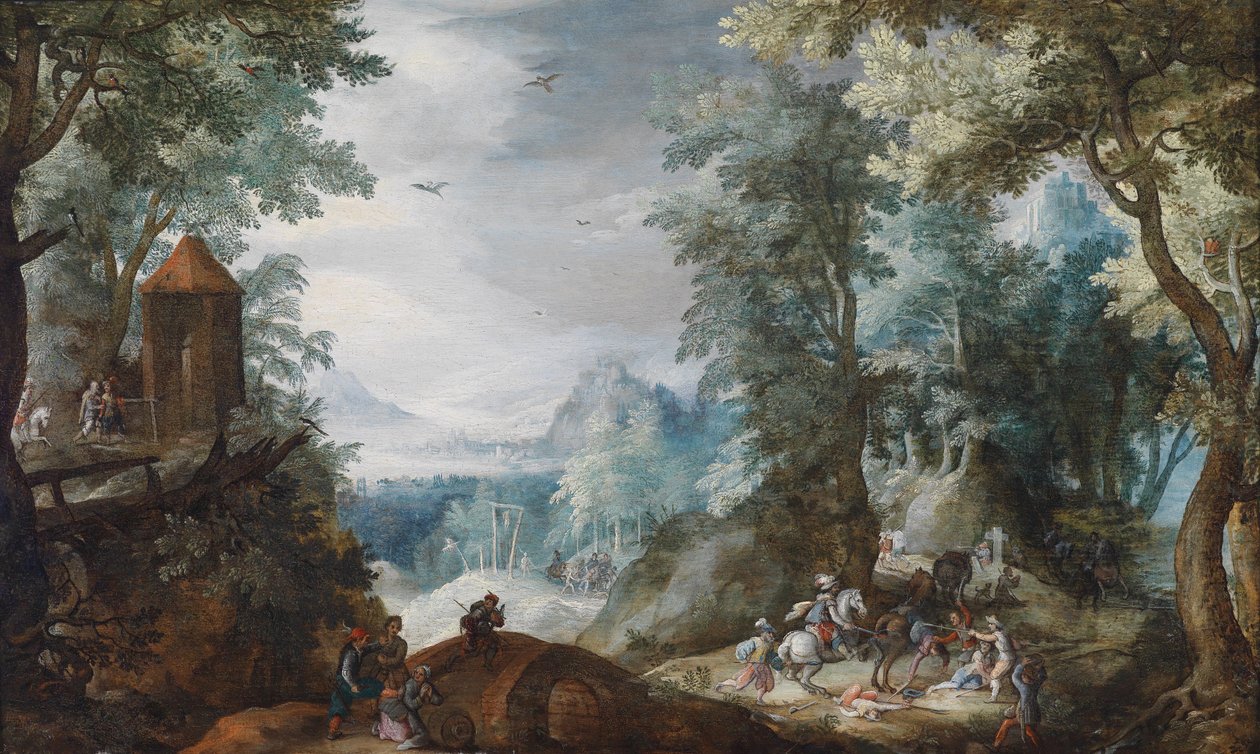 Skovklædt landskab med et raid af Pieter Schoubroeck