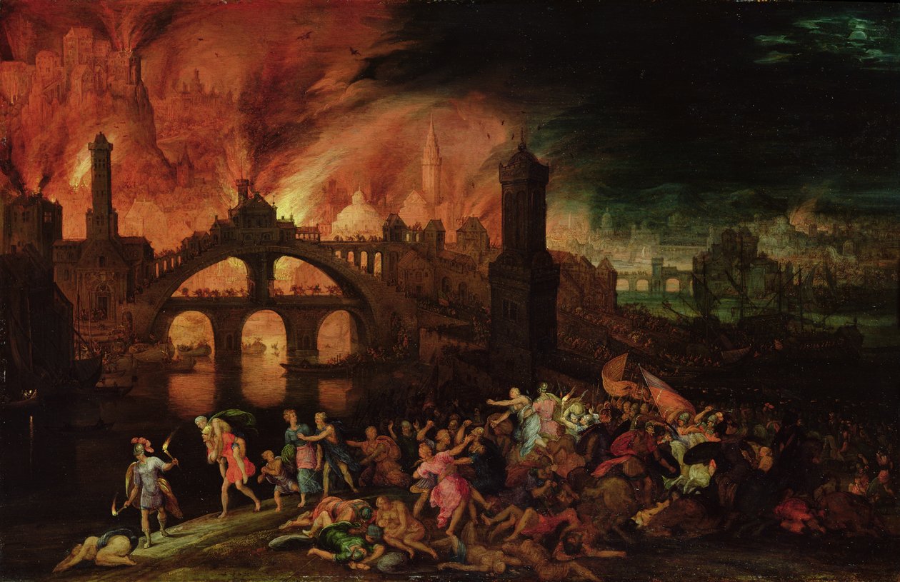 The Destruction of Troy, 1606 (olie på kobber) af Pieter Schoubroeck