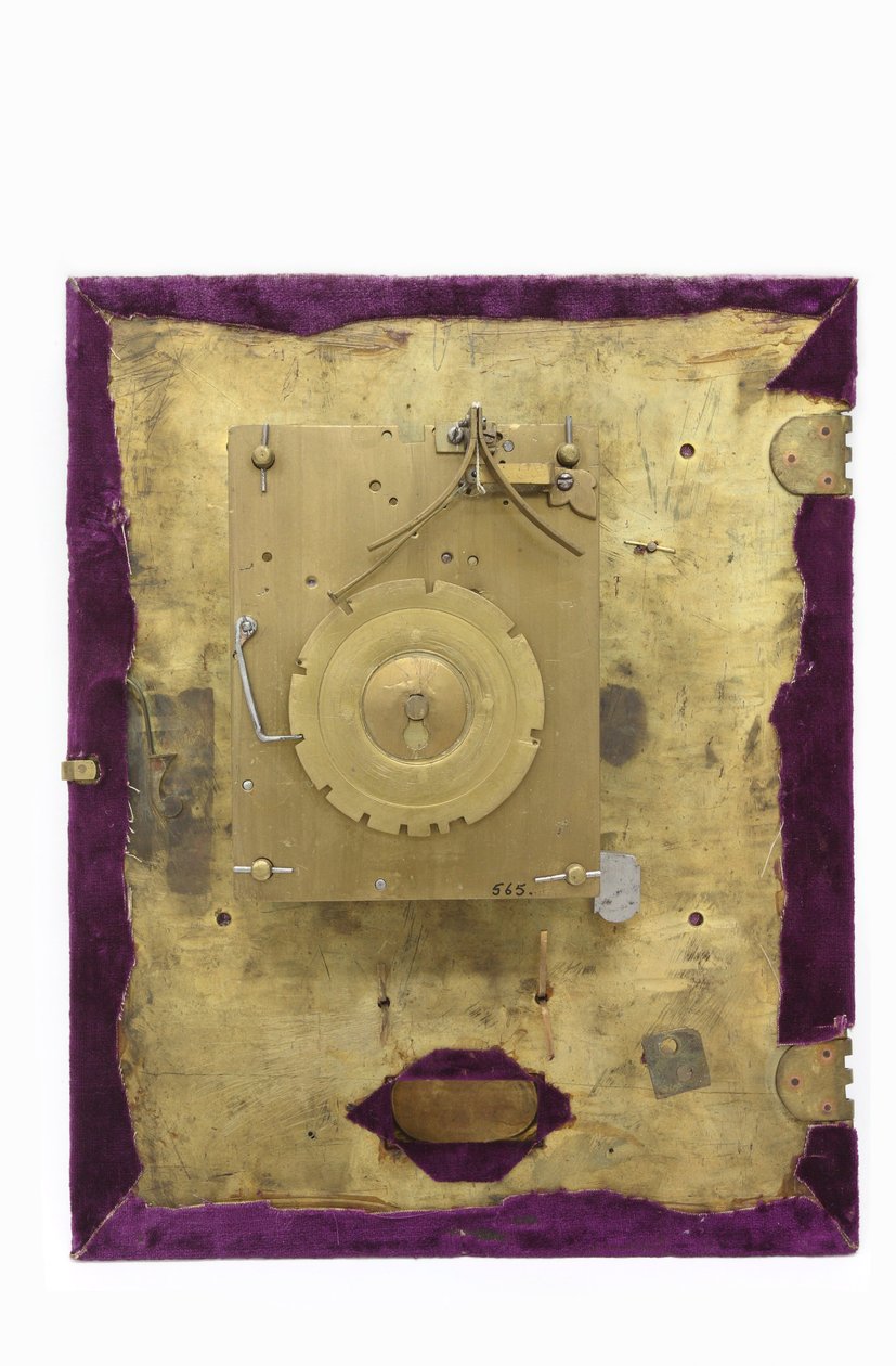 Bagsiden af urskiven og urværket af et bordur, ca. 1660 (træ og messing) af Pieter Visbach