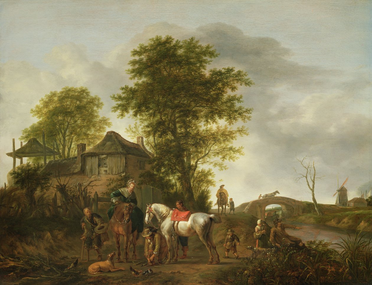 Et landskab med et sommerhus og ryttere af Pieter Wouwermans or Wouwerman