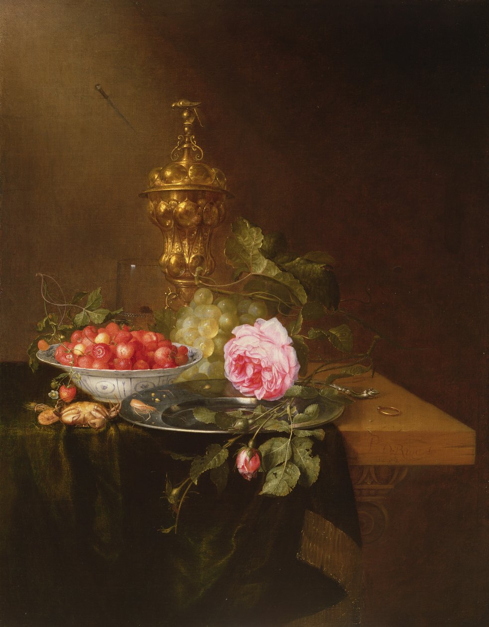 Stilleben med en skål med jordbær og en rose, 1652 af Pieter de Ring