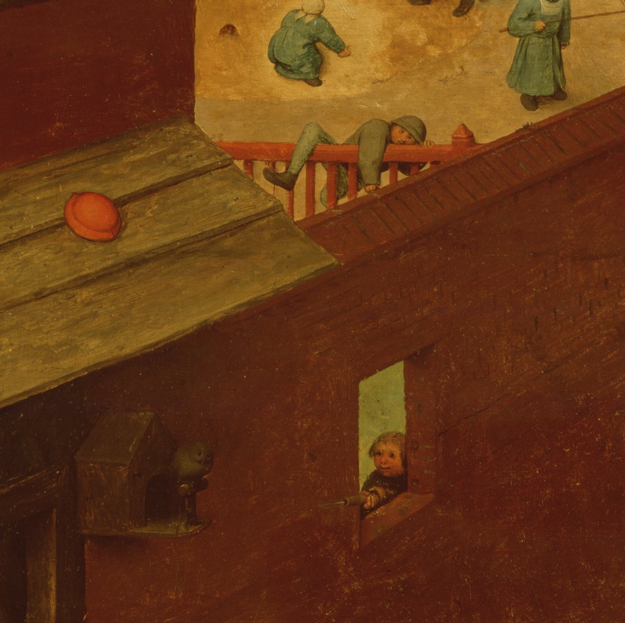 Børnelege, detalje af venstre sektion, der viser et barn, der klatrer over et hegn, og endnu et skyde mod en fugl, 1560 af Pieter Bruegel the Elder