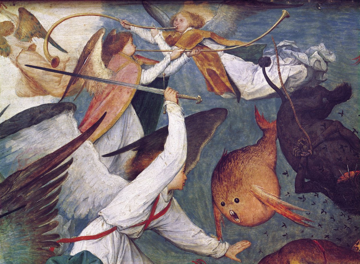 The Fall of the Rebel Angels, detalje af engle, der kæmper og spiller musikolie på panelet af Pieter Bruegel the Elder