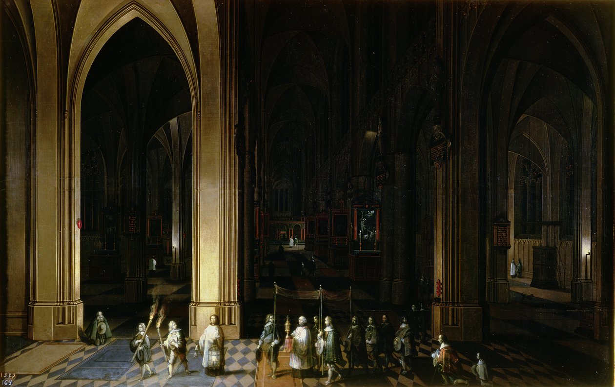 Viaticum i det indre af en kirke af Pieter the Elder Neeffs