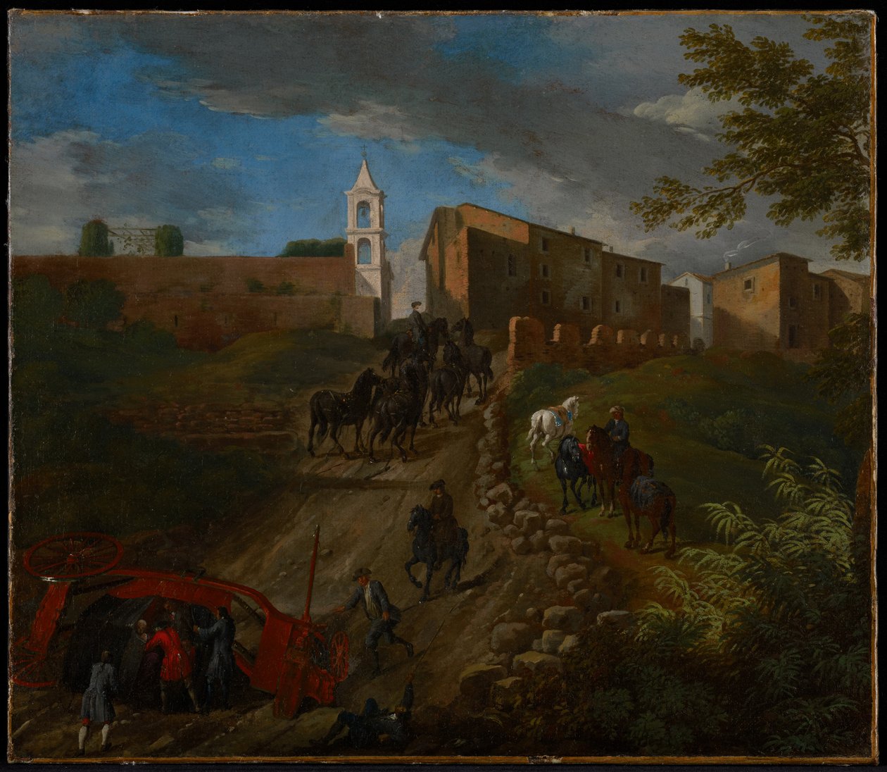 Vogn og rejsende ved Madonna del Riposo i nærheden af Rom af Pieter van Bloemen