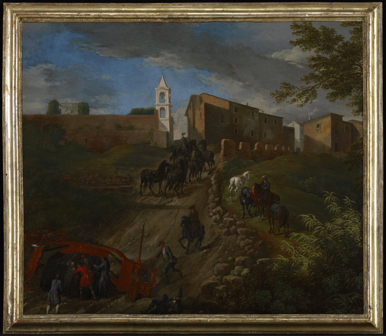 Coach og rejsende på Madonna del Riposo i nærheden af Rom af Pieter van Bloemen