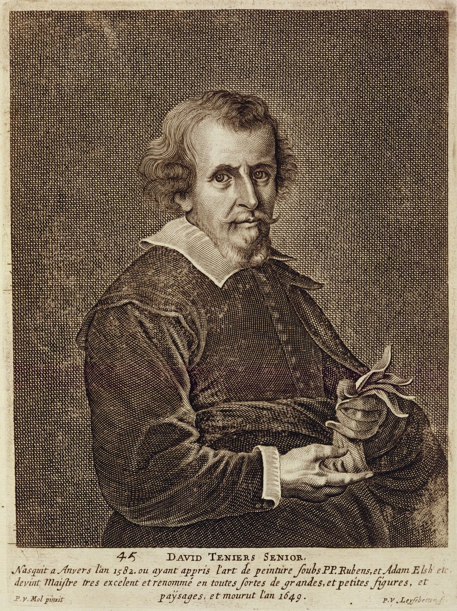 Portræt af David Teniers I (1582-1649) plade 45 fra en række portrætter af kunstnere, indgraveret af Peter van Leysebetten (1630-c.1678) af Pieter van Mol