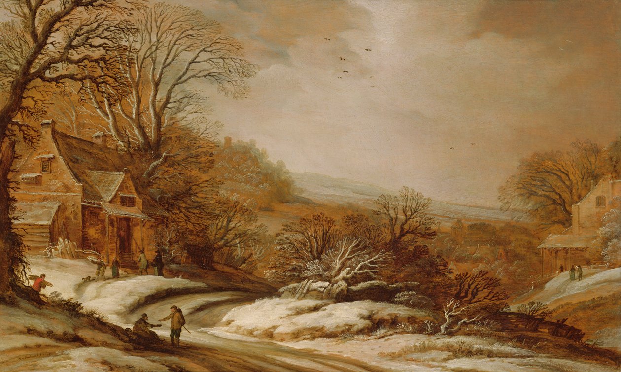 Vinterlandskab med hytter, 1625 af Pieter Dircksz Santvoort