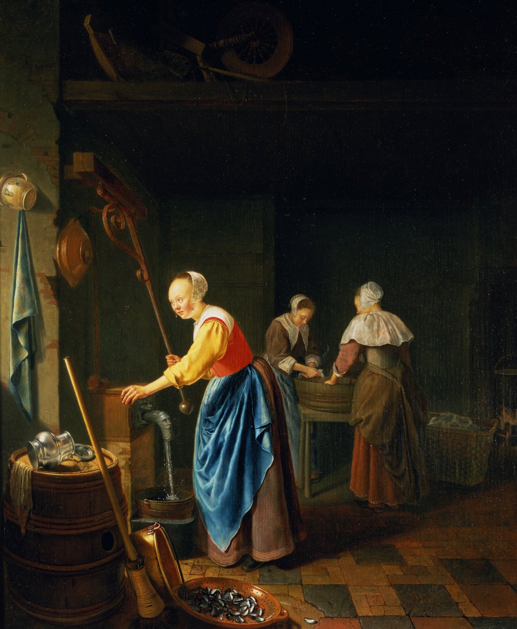 En køkkenscene med en stuepige, der trækker vand fra en brønd af Pieter Cornelisz van Slingelandt