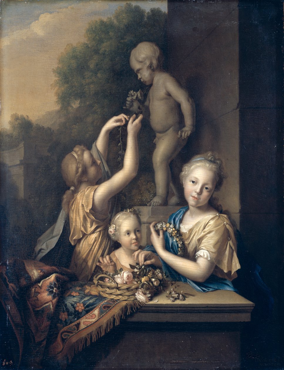 Tre piger ofrer blomster til Amor, 1710 af Pieter van der Werff