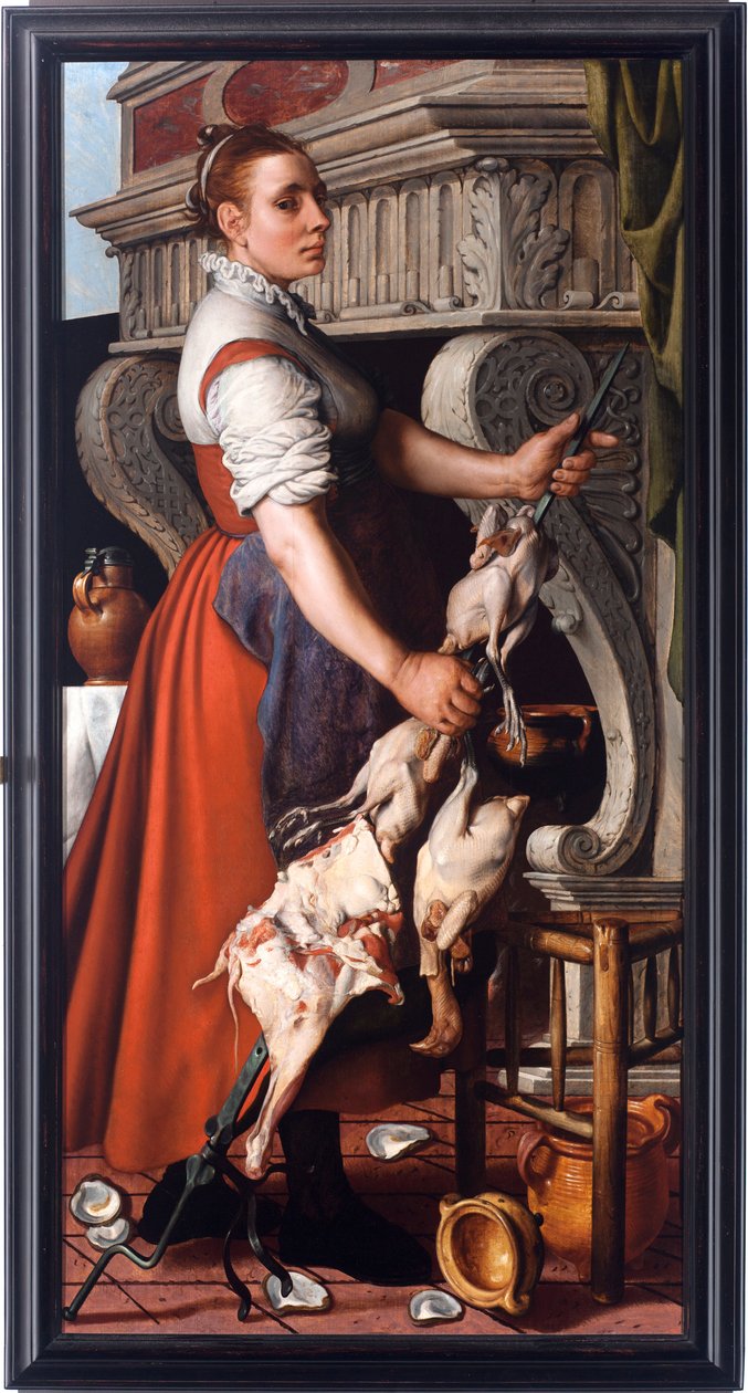 Komfuret (Komfuret) Ung kvinde broderer fjerkræ på en pejsespyd - Maleri af Pieter Aertsen (1508-1575) 1559 Dim 165x85 cm Genes, Musei di Strada Nuova (ex Palazzo Bianco) af Pieter Aertsen