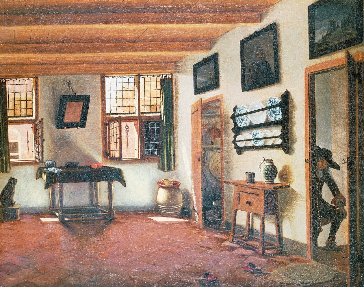 Interiør af Dutch House, CA 1670, Maleri af Pieter Janssens Elinga (1623-1683), 48x60 cm af Pieter Janssens