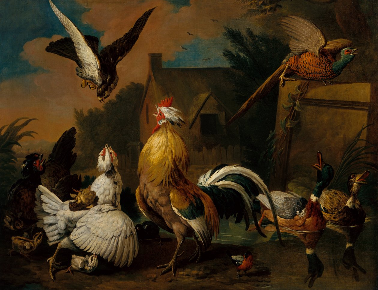 En høg, der angriber fjerkræ i en gård (olie på lærred) af Pieter (after) Casteels