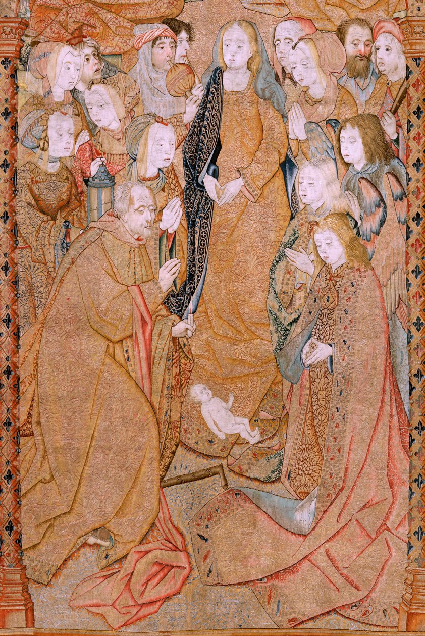 flamsk gobelin. Serie Triumphs of the Mother eller Paños de Oro. Kristi fødsel (Nacimiento de Cristo). Tredje gobelin i serien. Model Colin de Cooter (?). Fremstilling Pieter van Aelst (eller van Edingen), Bruxelles. Ca 1500-1502. Stof Guld, sølv, sil af Pieter (attr. to) Coecke van Aelst