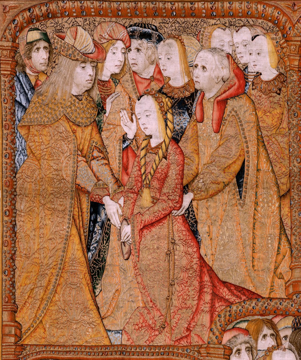 flamsk gobelin. Serie Triumphs of the Mother eller Paños de Oro. Gud sender arkeenglen Gabriel (Dios envía al Arcángel Gabriel). Første gobelin i serien. Model Colin de Cooter(?). Fremstilling Pieter van Aelst (eller van Edingen), Bruxelles. Ca1500-1502. F af Pieter (attr. to) Coecke van Aelst