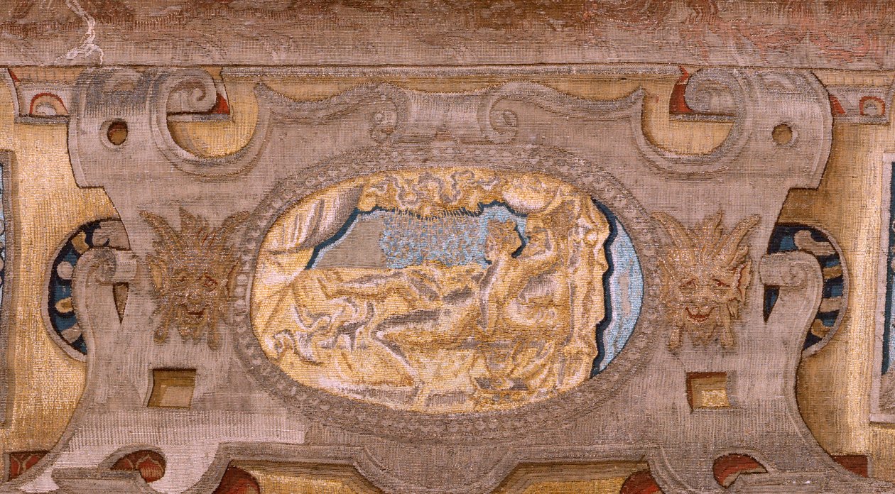 flamsk gobelin. Serier Vertumnus og Pomona.Vertumnus forvandlet til en bonde. Den centrale del af den nedre grænse ser vi en episode om Jupiters kærlighed: Danaë. Andet gobelin i serien. Model Circle af Pieter Coecke van Aelst. Fremstilling Wil af Pieter (circle of) Coecke van Aelst
