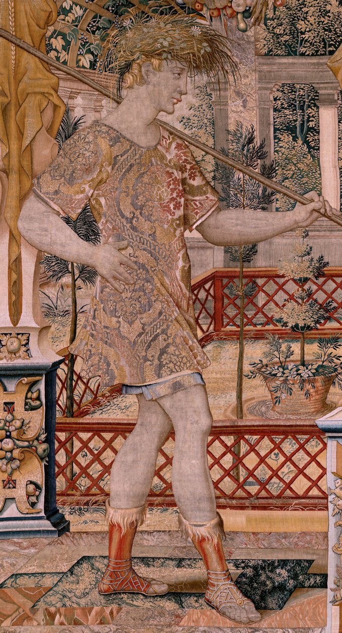 flamsk gobelin. Serier Vertumnus og Pomona.Vertumnus forvandlet til en bonde. Andet gobelin i serien. Venstre del forvandlingen af Daphne. Model Circle af Pieter Coecke van Aelst. Fremstilling Wilhelm Pannemaker, Bruxelles. Ca 1545-1550. Fabri af Pieter (circle of) Coecke van Aelst