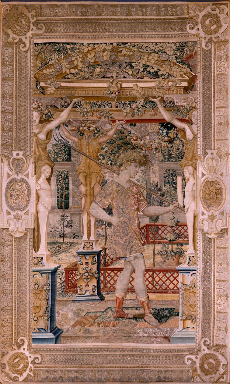 flamsk gobelin. Serier Vertumnus og Pomona.Vertumnus forvandlet til en bonde. Andet gobelin i serien. Venstre del forvandlingen af Daphne. Model Circle af Pieter Coecke van Aelst. Fremstilling Wilhelm Pannemaker, Bruxelles. Ca 1545-1550. Fabri af Pieter (circle of) Coecke van Aelst