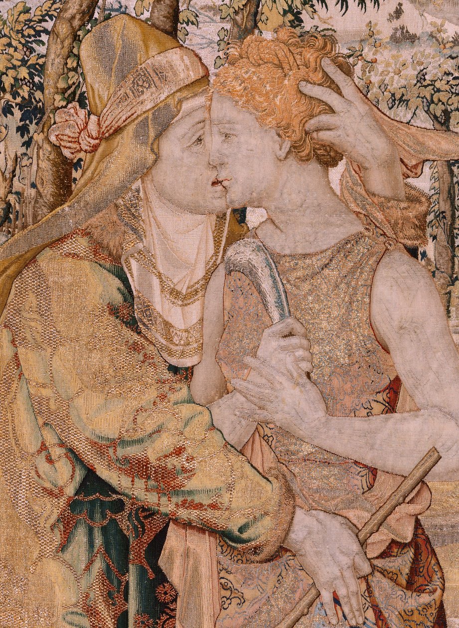 flamsk gobelin. Serien Vertumnus og Pomona. Vertumnus kysser Pomona. Syvende gobelin i serien. Model Circle af Pieter Coecke van Aelst. Fremstilling Wilhelm Pannemaker, Bruxelles. Ca 1545-1550. Stof Guld, sølv, silke og uld. Størrelse 430 x 365 cm. af Pieter (circle of) Coecke van Aelst