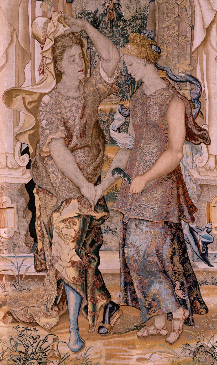 flamsk gobelin. Serien Vertumnus og Pomona. Vertumnus afslører sin identitet til Pomona (Vertumno se descubre ante Pomona). Ottende gobelin i serien. Model Circle af Pieter Coecke van Aelst. Fremstilling Wilhelm Pannemaker, Bruxelles. Ca 1545-1550. Fabr af Pieter (circle of) Coecke van Aelst