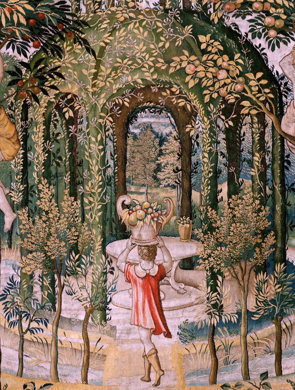 flamsk gobelin. Serier Vertumnus og Pomona; Vertumnus forvandlet til en gartner (Vertumno transformado en jardinero). Femte gobelin i serien. Modelkreds af Pieter Coecke Van Aelst og Léonard Thiry. Fremstilling Ukendt værksted, Bruxelles, før af Pieter (circle of) Coecke van Aelst