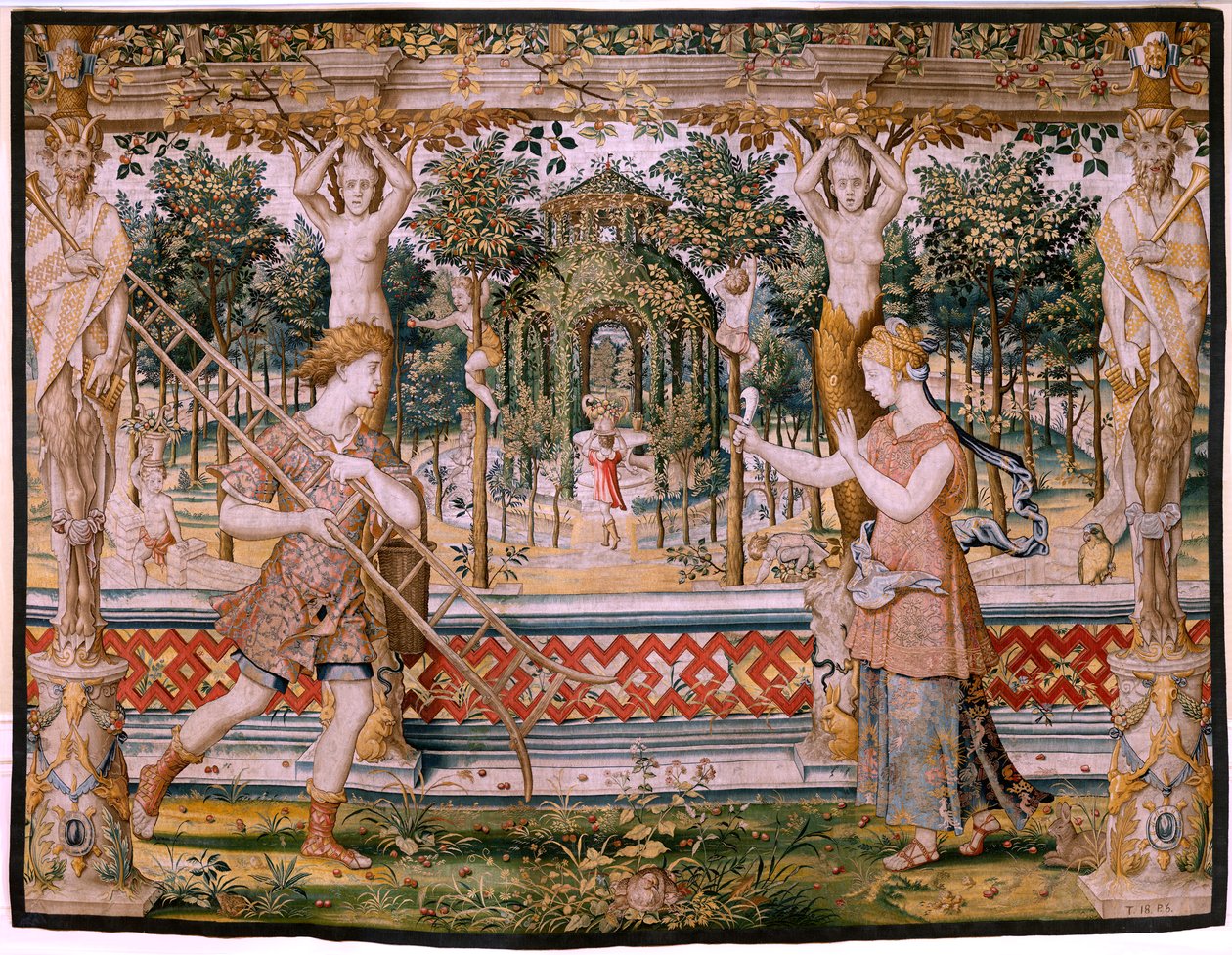 flamsk gobelin. Serier Vertumnus og Pomona; Vertumnus forvandlet til en gartner (Vertumno transformado en jardinero). Femte gobelin i serien. Model Circle af Pieter Coecke Van Aelst og Léonard Thiry. Fremstilling Ukendt værksted, Bruxelles, før af Pieter (circle of) Coecke van Aelst