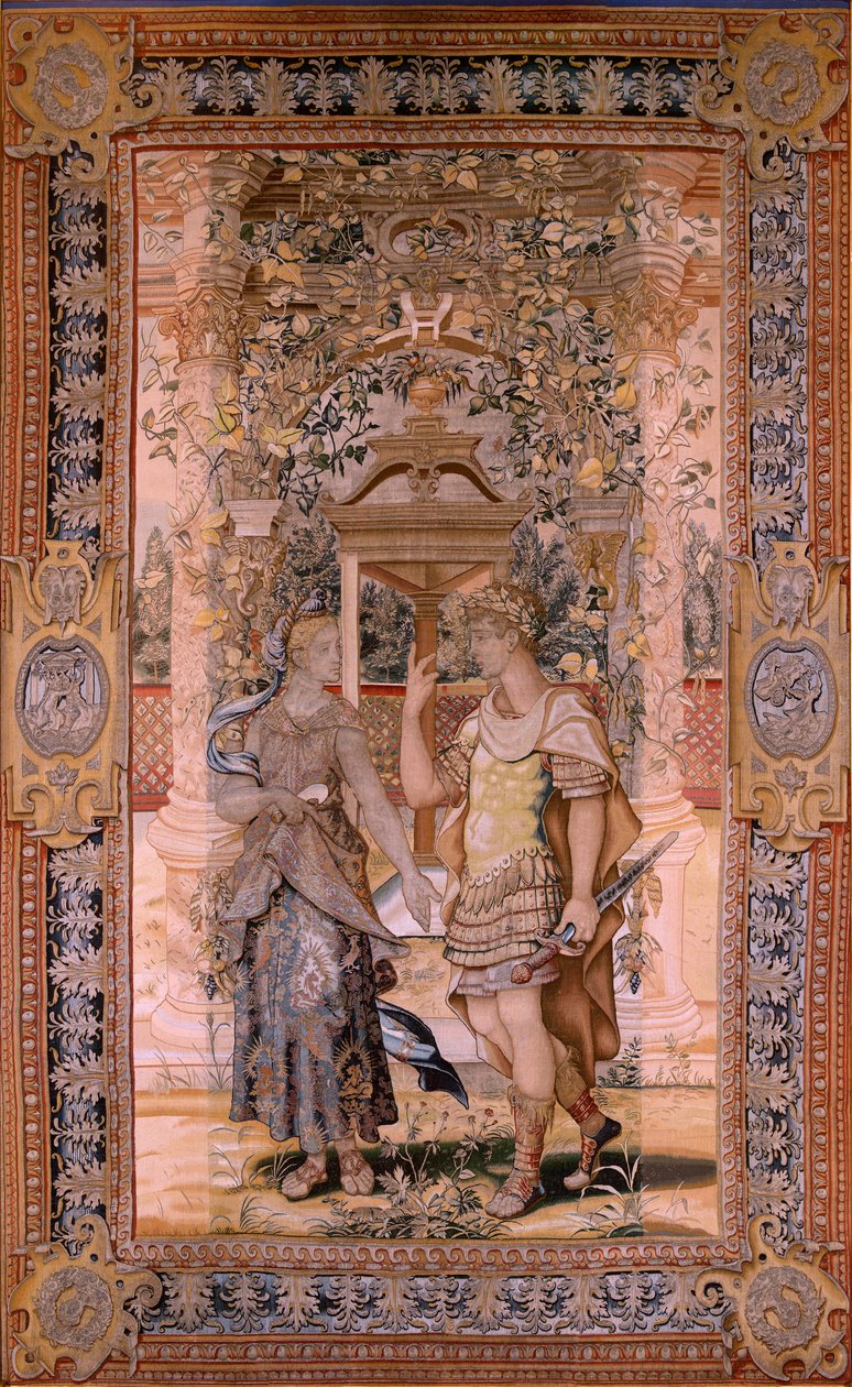 flamsk gobelin. Serien Vertumnus og Pomona. Vertumnus forvandlet til en kriger. Fjerde gobelin i serien. Model Circle af Pieter Coecke van Aelst. Fremstilling Wilhelm Pannemaker, Bruxelles. Ca1545-1550. Stof Guld, sølv, silke og uld. Størrelse 425 af Pieter (circle of) Coecke van Aelst