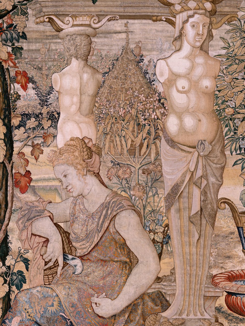 flamsk gobelin. Serien Vertumnus og Pomona. Vertumnus forvandlet til en gammel kvinde. Vertumnus forvandlet til en gammel kvinde. Sjette gobelin i serien. Model Circle af Pieter Coecke van Aelst. Fremstilling Wilhelm Pannemaker, Bruxelles. Ca 1545-1550. af Pieter (circle of) Coecke van Aelst
