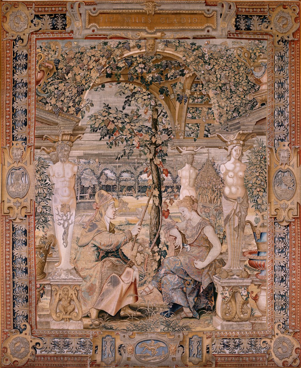 flamsk gobelin. Serien Vertumnus og Pomona. Vertumnus forvandlet til en gammel kvinde. Vertumnus forvandlet til en gammel kvinde. Sjette gobelin i serien. Model Circle af Pieter Coecke van Aelst. Fremstilling Wilhelm Pannemaker, Bruxelles. Ca1545-1550. F af Pieter (circle of) Coecke van Aelst