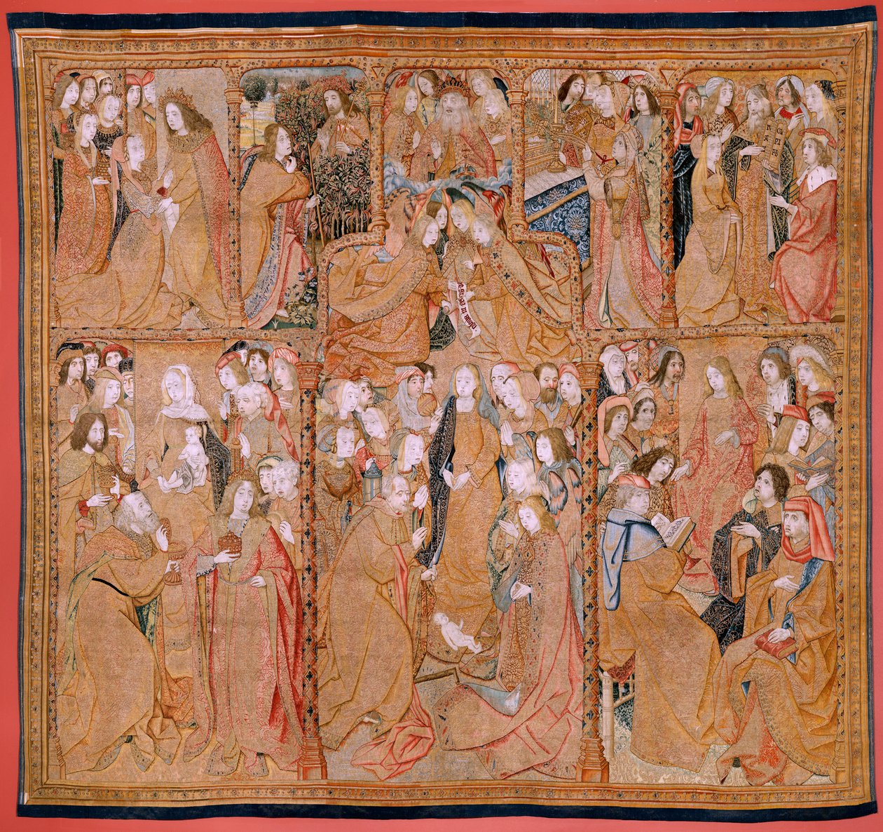 flamsk gobelin. Serie Triumphs of the Mother eller Paños de Oro. Kristi fødsel (Nacimiento de Cristo). Tredje gobelin i serien. Model Colin de Cooter (?). Fremstilling Pieter van Aelst (eller van Edingen), Bruxelles. Ca 1500-1502. Stof Guld, sølv, sil af Pieter (studio of) Coecke van Aelst