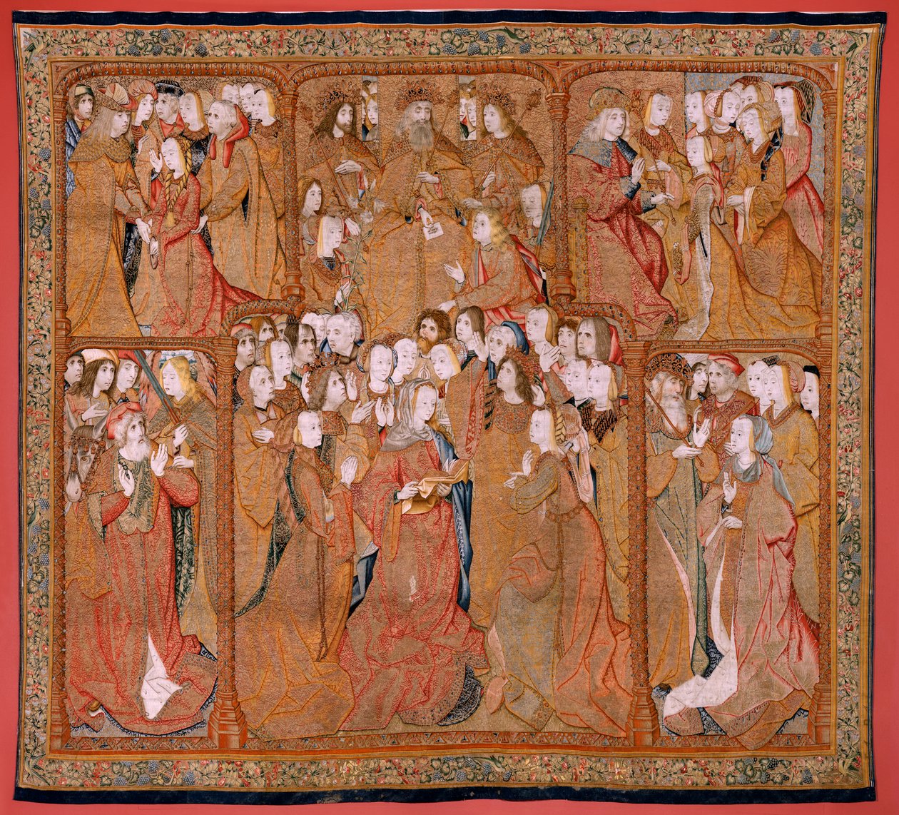 flamsk gobelin. Serie Triumphs of the Mother eller Paños de Oro. Gud sender arkeenglen Gabriel (Dios envía al Arcángel Gabriel). Første gobelin i serien. Model Colin de Cooter(?). Fremstilling Pieter van Aelst (eller van Edingen), Bruxelles. Ca1500-1502. F af Pieter (studio of) Coecke van Aelst