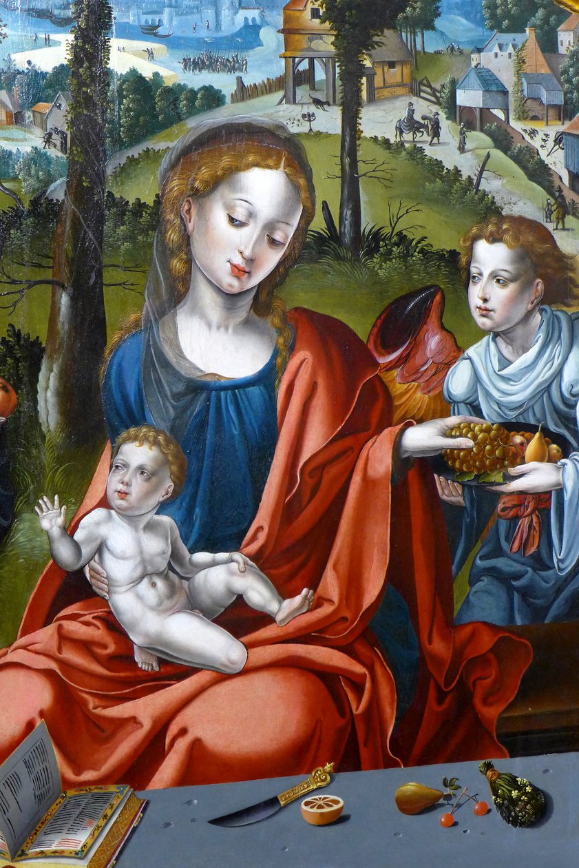 Maria, Jesusbarnet og en engel. Detalje af den hellige families triptykon af Pieter (studio of) Coecke van Aelst