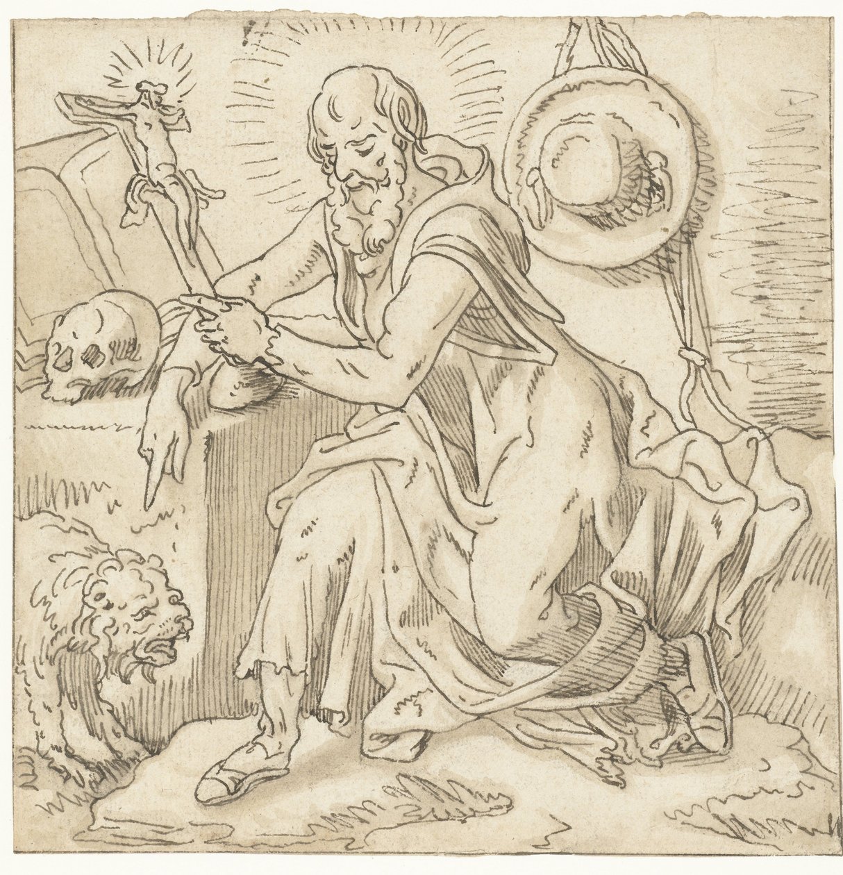 Sankt Hieronymus sidder ved et krucifiks, bog og kranie af Pieter Aertsen (workshop of)