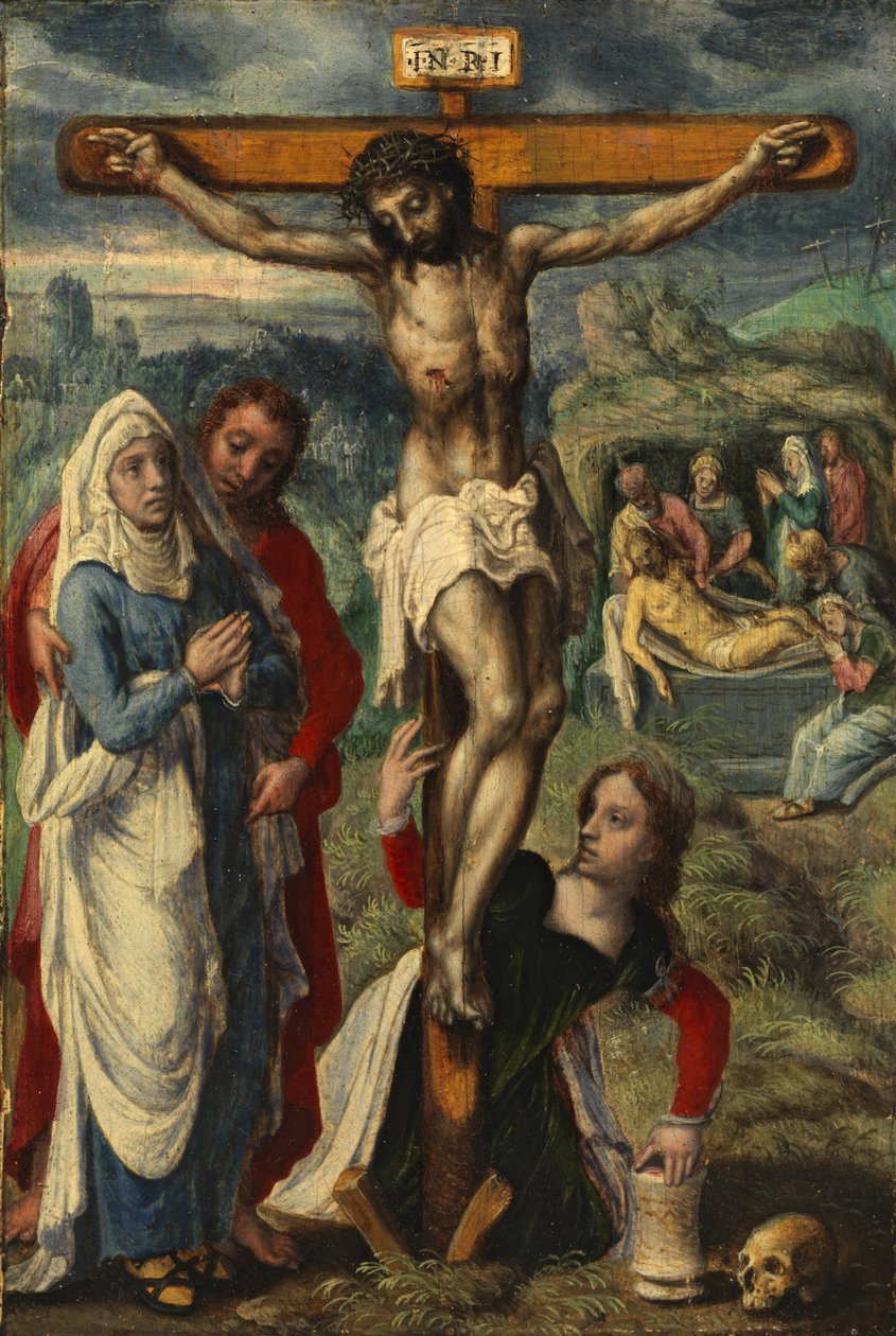 Kristus på korset, med gravlæggelsen i baggrunden, ca. 1530 af Pieter Aertsen