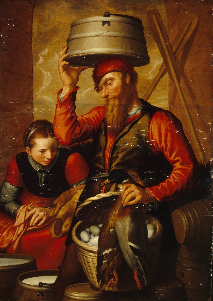 Fjerkræsælgeren (Sælger af Fowl). Et par bønder i traditionel dragt forbereder deres kurve med æg og deres varer til markedet. Maleri af Pieter Aertsen (1508-1575), olie på træ af Pieter Aertsen