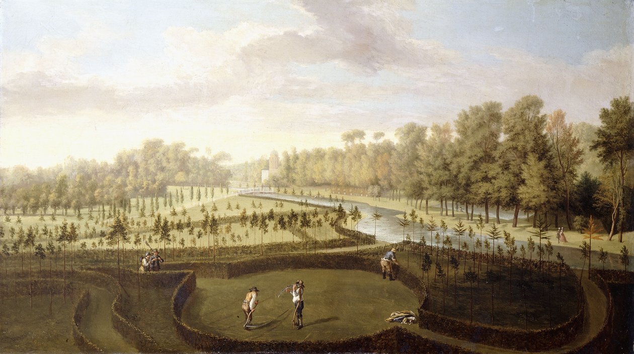 En udsigt over Chiswick Gardens, Richmond, fra den anden side af New Gardens mod Bagnio, ca. 1729-31 af Pieter Andreas Rysbrack