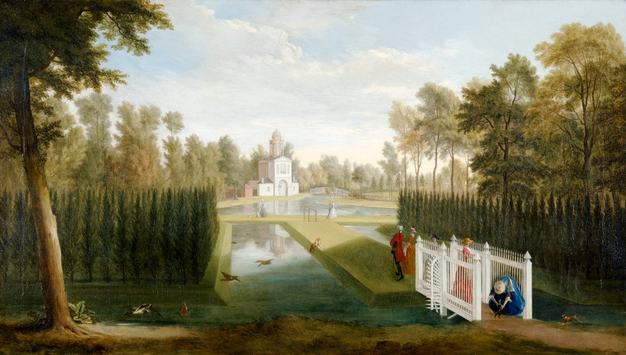 En udsigt over Chiswick Gardens mod bagsiden af Bagnio (Cascina) Chiswick House (olie på lærred) af Pieter Andreas Rysbrack