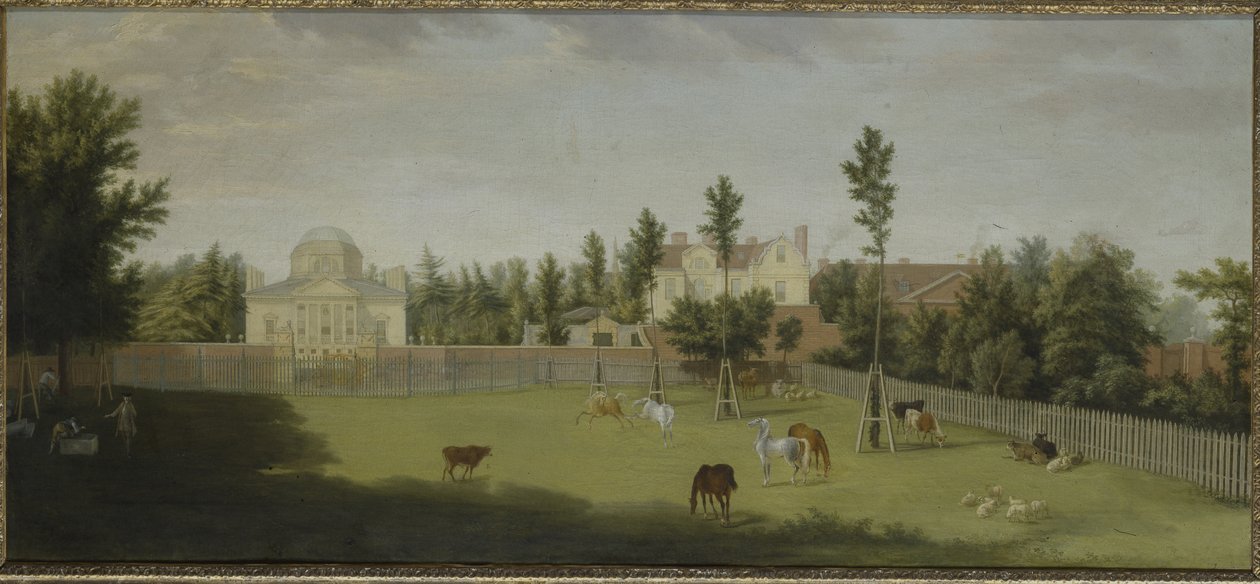 Udsigt over den nye villa, det gamle hus og staldene fra den anden side af Burlington Lane, Chiswick Villa (olie på lærred) af Pieter Andreas Rysbrack