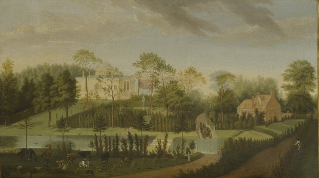 Udsigt over terrassen med udsigt over kanalen til siden af villaen, Chiswick Villa (olie på lærred) af Pieter Andreas Rysbrack