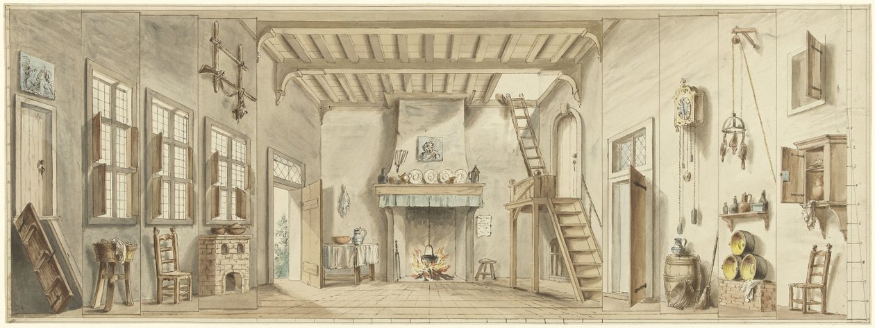 Design til en scene til den flamske opera Het Kapertje af Pieter Bartholomeusz. Barbiers